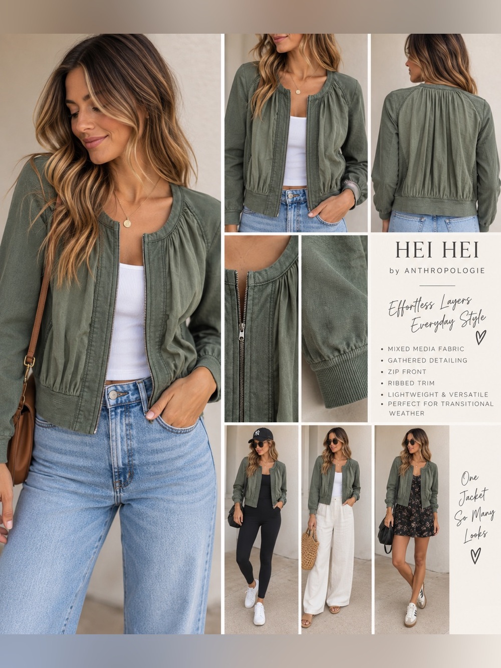 Hei Hei Anthropologie Olive Green Mixed Media Zip-Up Bomber Jacket XS